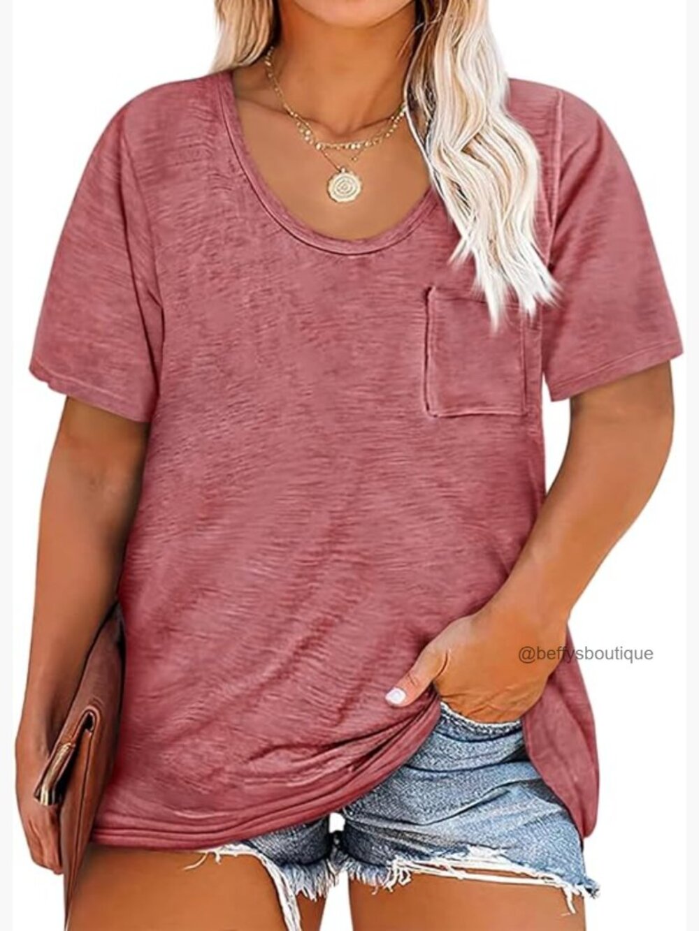 Plus Size Tunic T-Shirt Short Sleeve Round Neck Soft Loose Shirts with Pocket